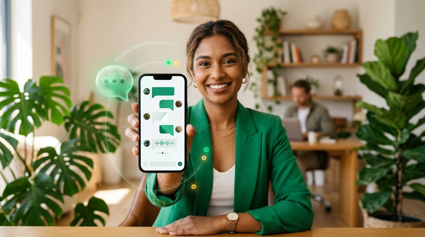 Professional entrepreneur with smartphone showing abstract WhatsApp chat interface and floating messaging icons