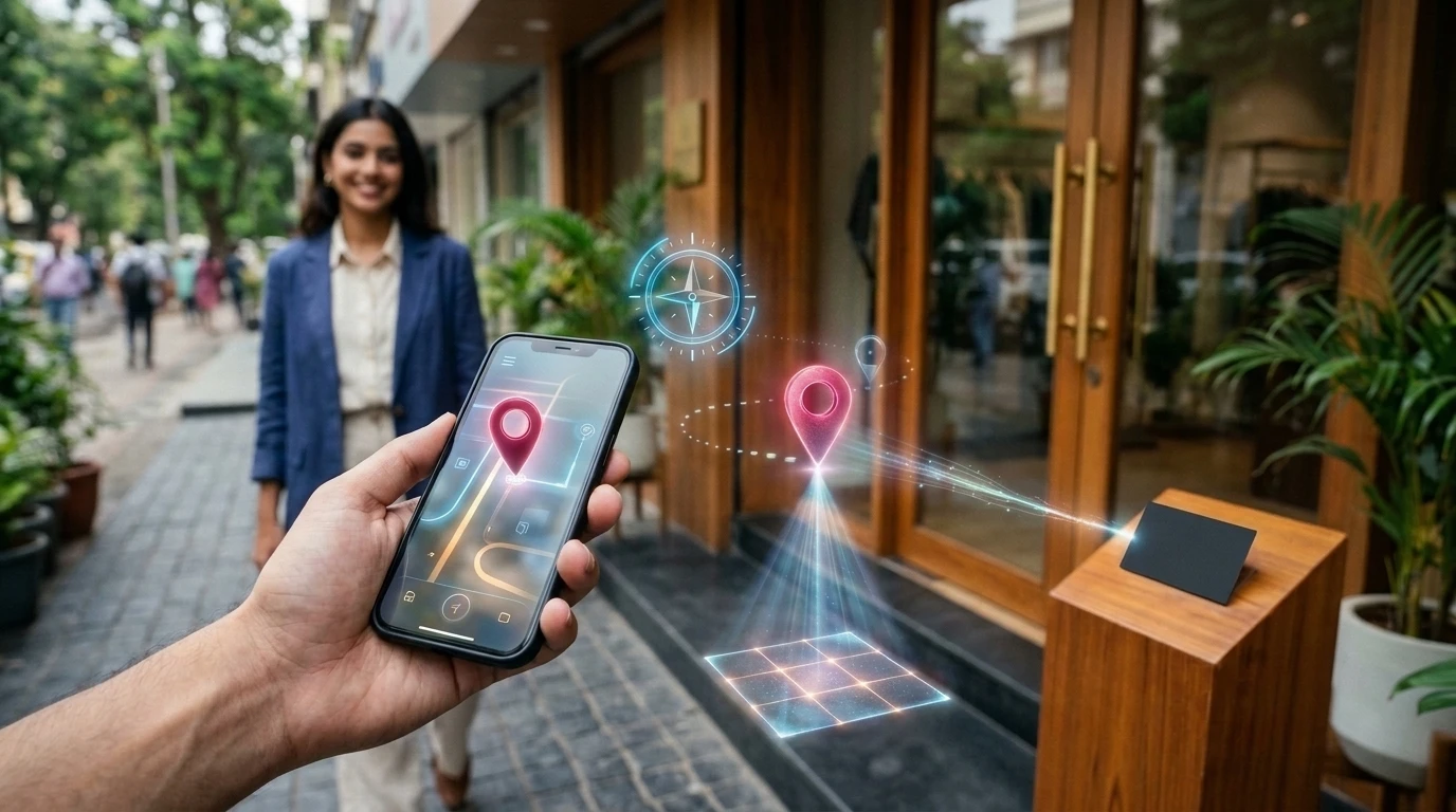Smartphone displaying 3D holographic location drop pin projecting exact 4m x 4m doorstep coordinates outside modern storefront