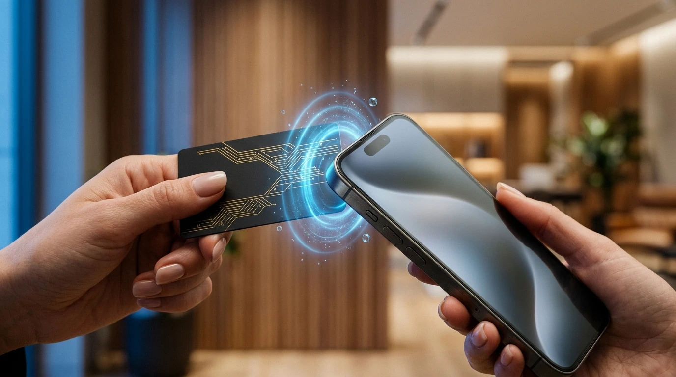 Contactless tap interaction between matte black NFC smart card and smartphone with glowing electric blue wireless signal pulse