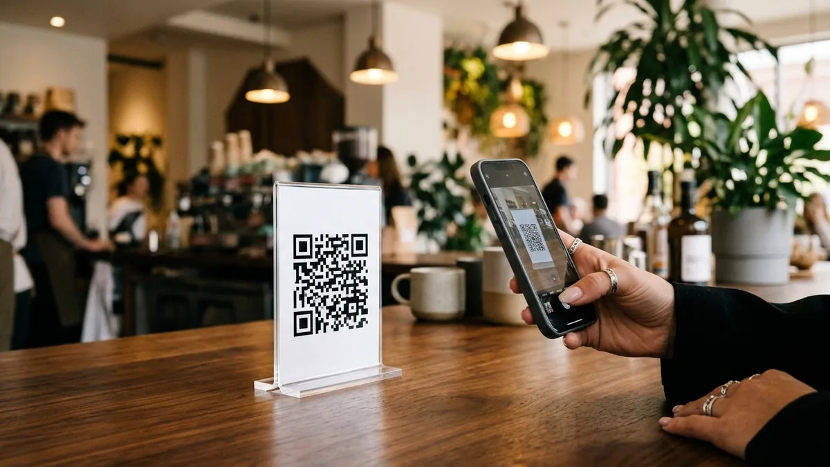 Customer scanning a printed QR code on an acrylic counter stand with a smartphone in a cafe