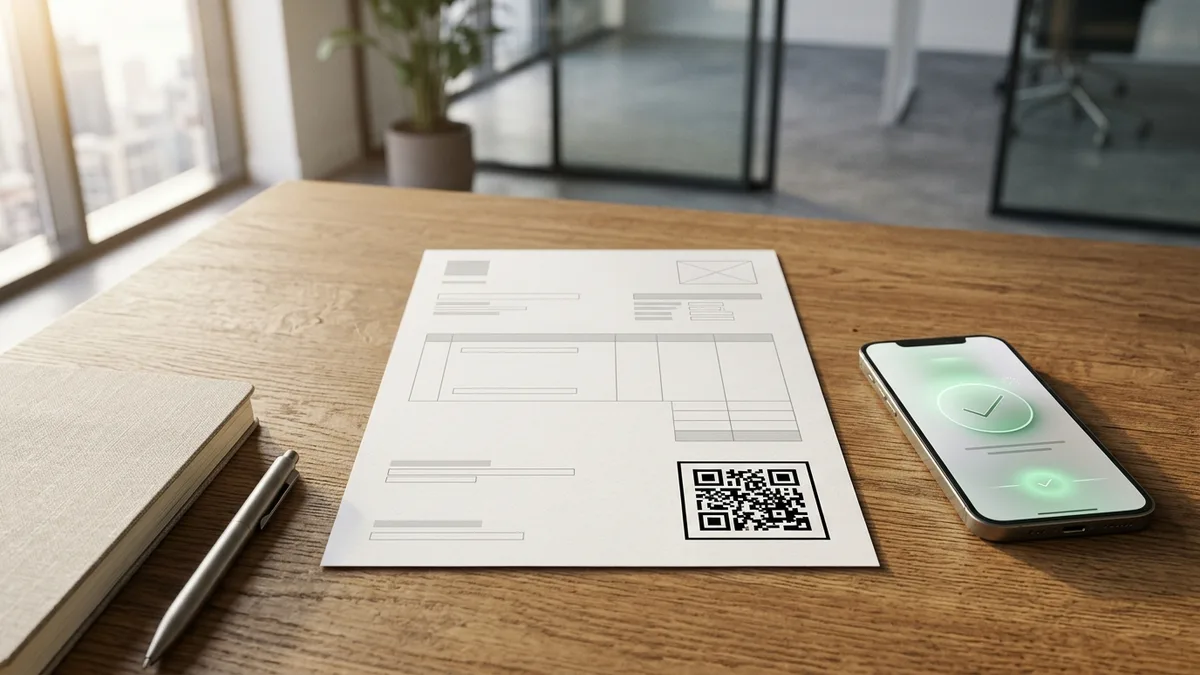 Client invoice document on an office desk with a printed UPI QR code in the footer and a smartphone showing payment confirmation