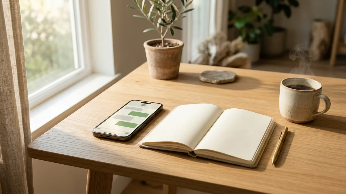 Smartphone on an office desk displaying a customer WhatsApp chat thread next to a notebook and coffee mug