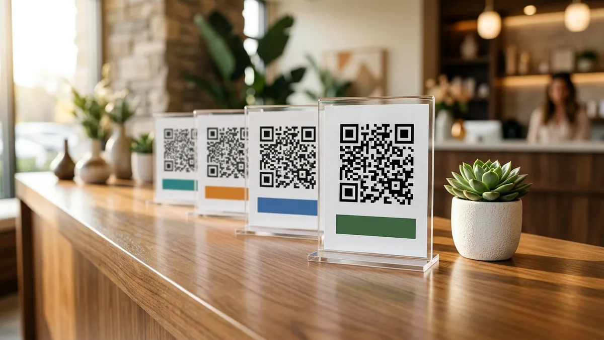 Four acrylic table standees with printed QR codes and captions in a row on a modern reception desk