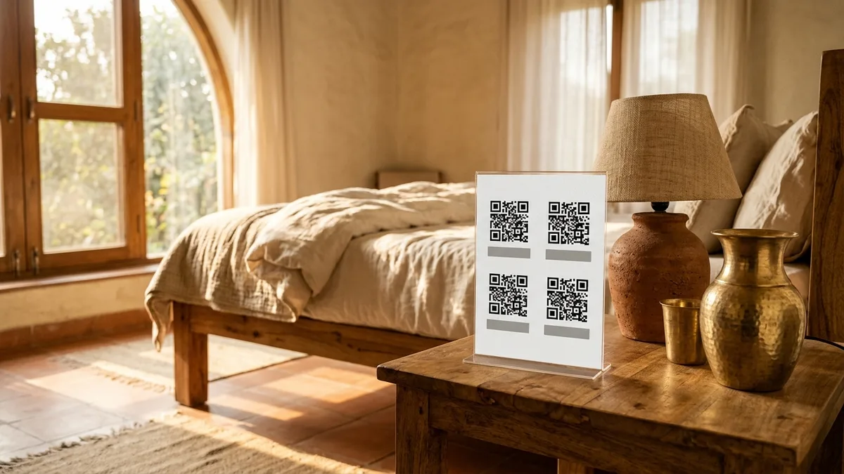A5 acrylic guest welcome stand on a wooden bedside table in a boutique homestay bedroom with brass water carafe