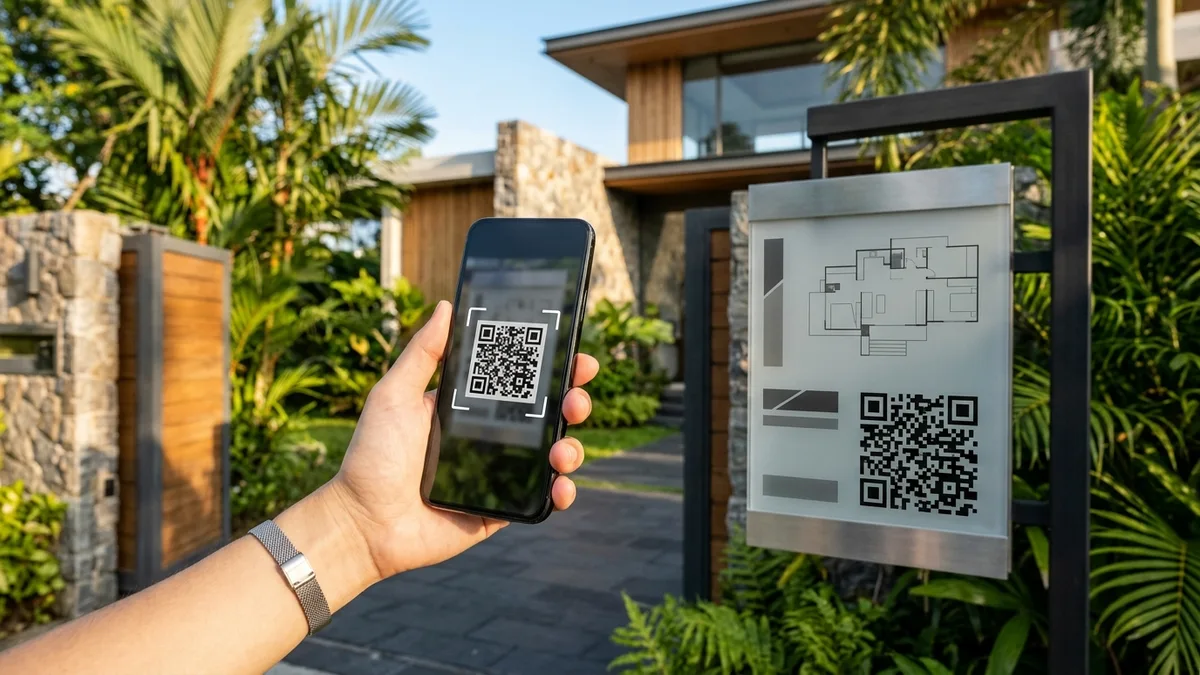 Hand holding a smartphone scanning a QR code on a modern outdoor real estate signboard outside a villa entrance