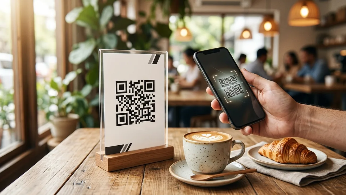 Diner scanning a wooden QR code table tent with a smartphone at a sunlit cafe table
