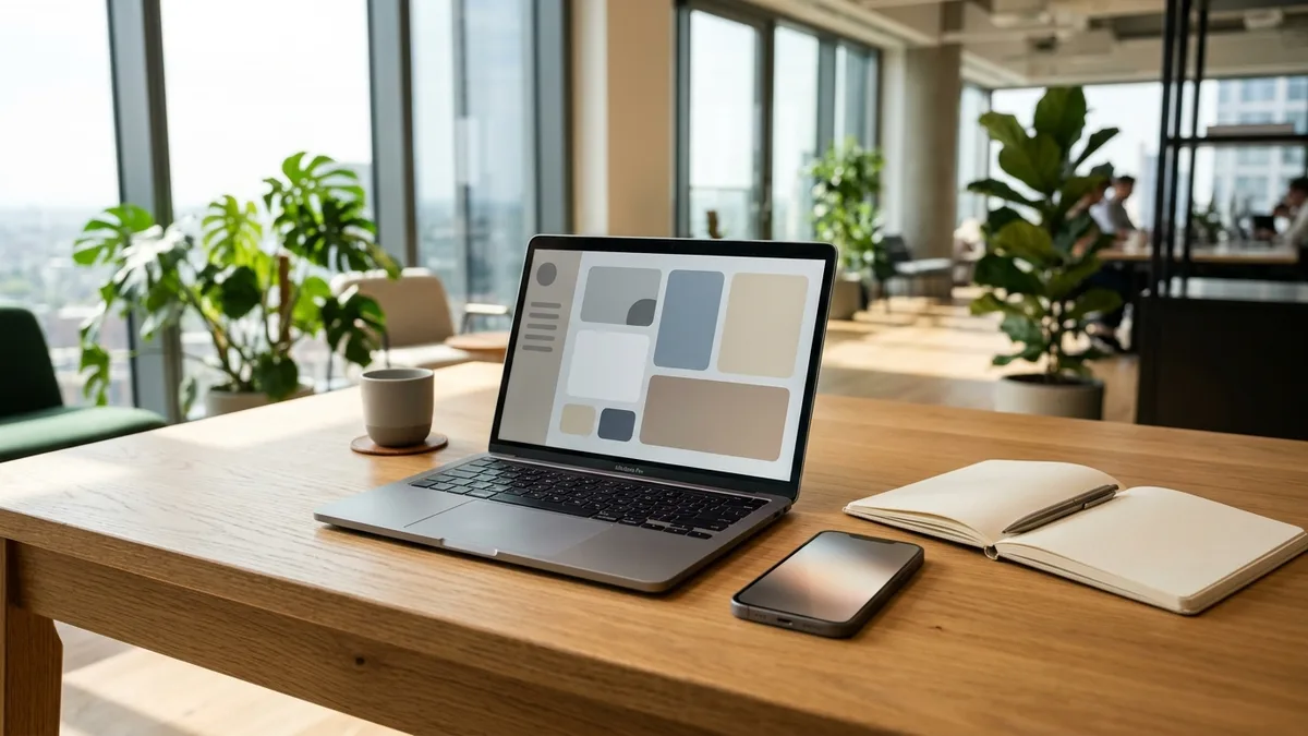 Open laptop showing a clean email interface on a modern wooden desk with a smartphone and notebook