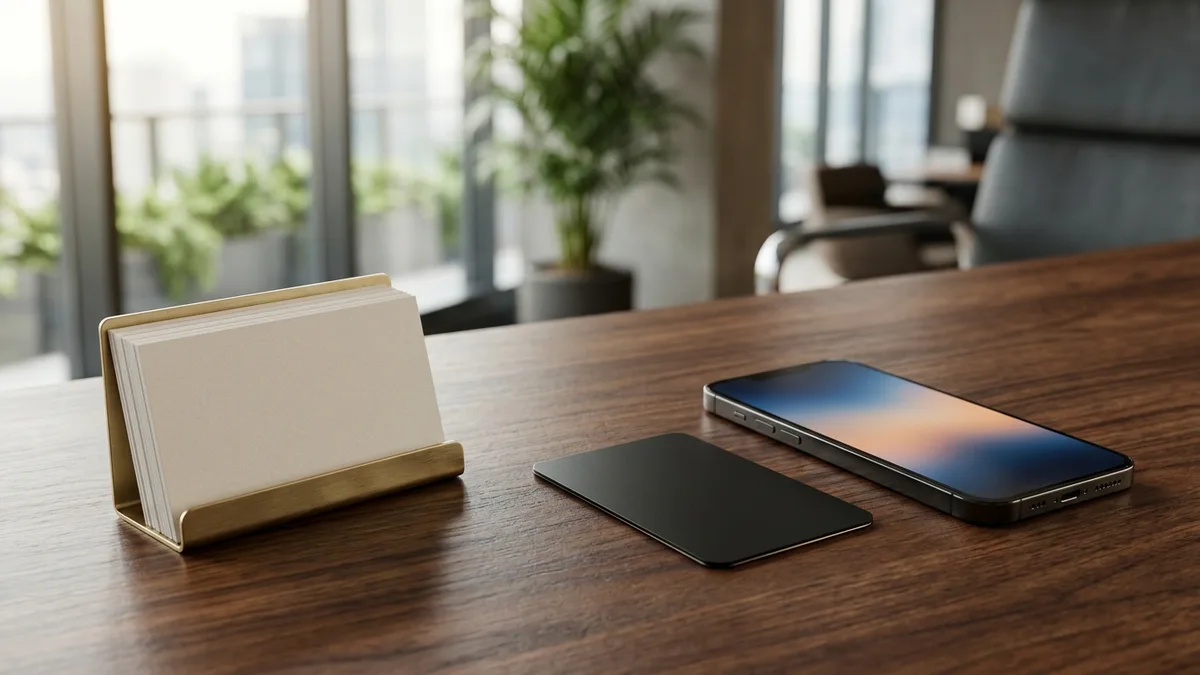 Minimalist blank paper business cards in brass holder beside a matte black NFC smart card and smartphone on an executive desk