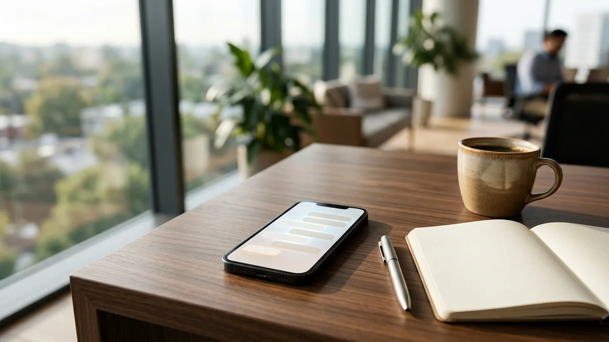 Smartphone displaying abstract messaging interface beside notebook and coffee cup on an executive desk